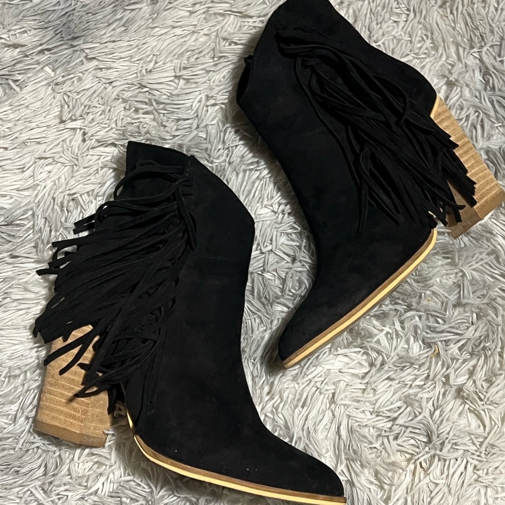 Black Velvet Fringe Booties